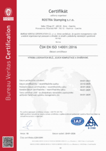Certifikát ISO 14001 ROSTRA Stamping