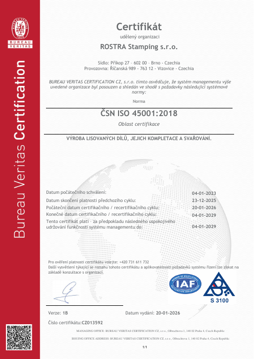 Certifikát ISO 45001 ROSTRA Stamping (PDF)