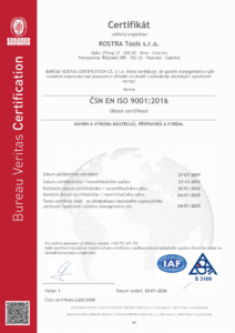 Certifikát ISO 9001 ROSTRA Tools